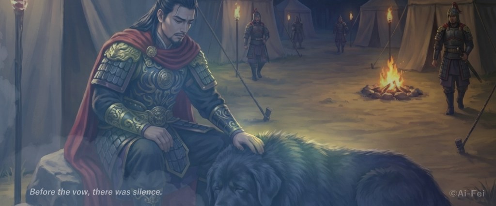 A warrior in armor kneels beside a black wolf-like dog near a campfire at dusk, before the vow is spoken.