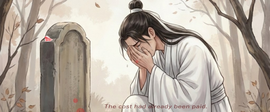 A man kneeling by a gravestone with faint blood marks, expressing quiet grief.