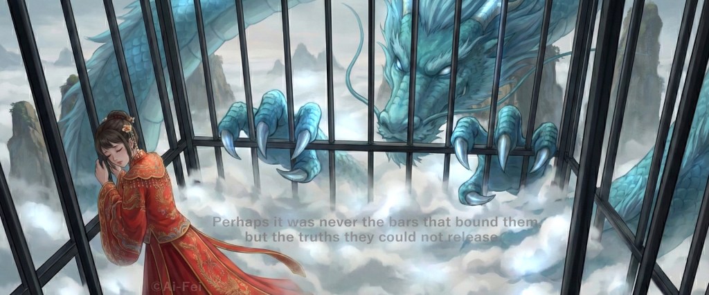 A woman in red stands inside a cage above the clouds, while a large blue dragon watches from outside, symbolizing confinement and unreachable freedom.